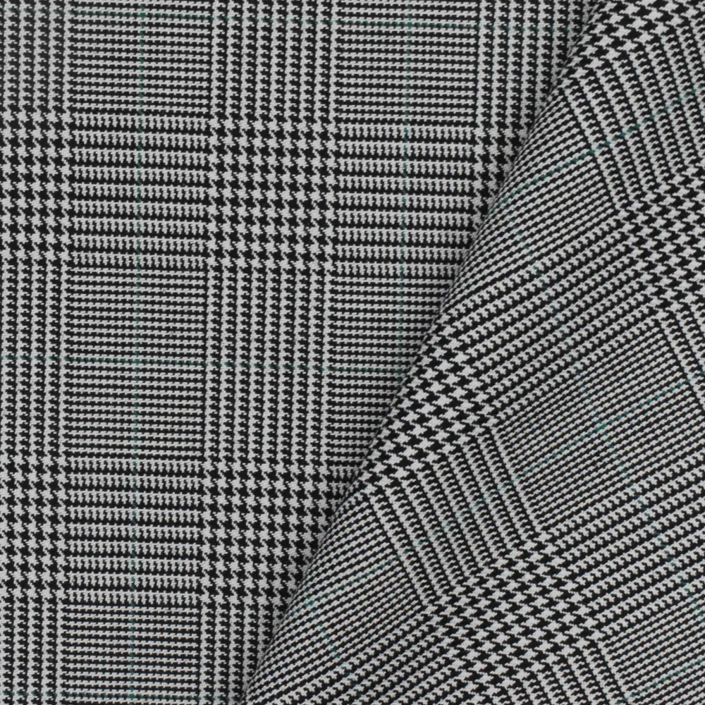 Light Gray-Black-Green Glen Plaid Wool-Poly Twill Woven Suiting Fabric