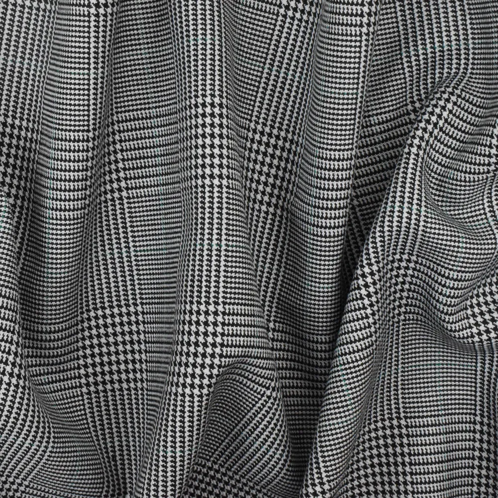 Light Gray-Black-Green Glen Plaid Wool-Poly Twill Woven Suiting Fabric