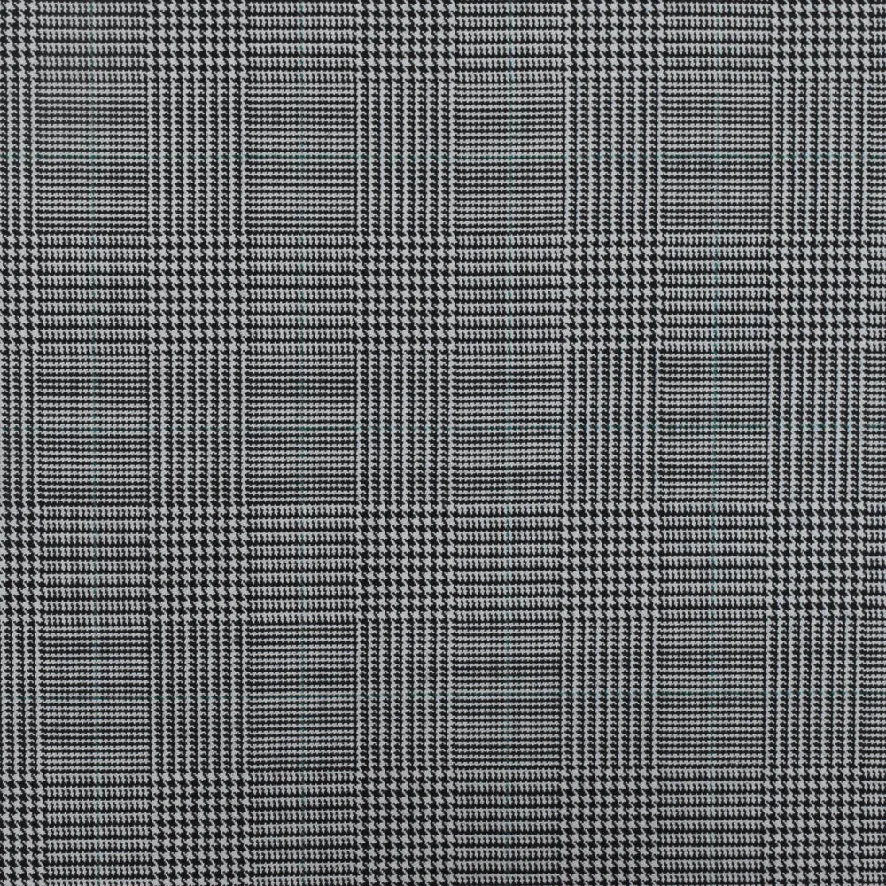 Light Gray-Black-Green Glen Plaid Wool-Poly Twill Woven Suiting Fabric