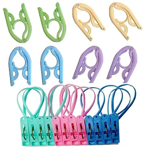 Maydahui 8PCS Folding Clothes Hangers Portable Drying Rack   12PCS windproof sock bra clip for travel (Pack of 20)