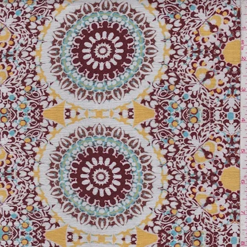 Merlot/Gold/Turquoise Circle Medallion Rayon Crinkle Fabric