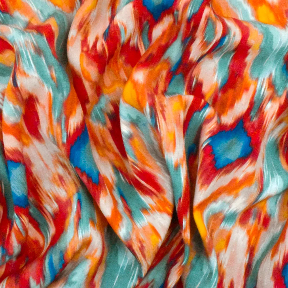 Mural Red-Teal-Multi Famous Designer Ikat Print Viscose Faille Woven Fabric