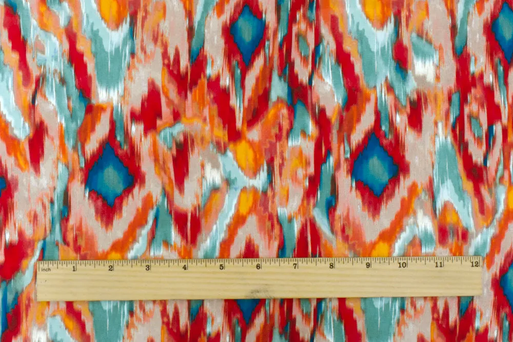 Mural Red-Teal-Multi Famous Designer Ikat Print Viscose Faille Woven Fabric