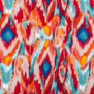 Mural Red-Teal-Multi Famous Designer Ikat Print Viscose Faille Woven Fabric