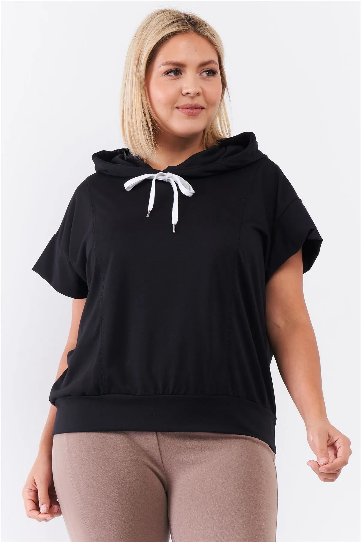 NicholesGifts Plus Size Women Black Short Wing Sleeve Relaxed Fit White Draw String Tie Hood Detail Top