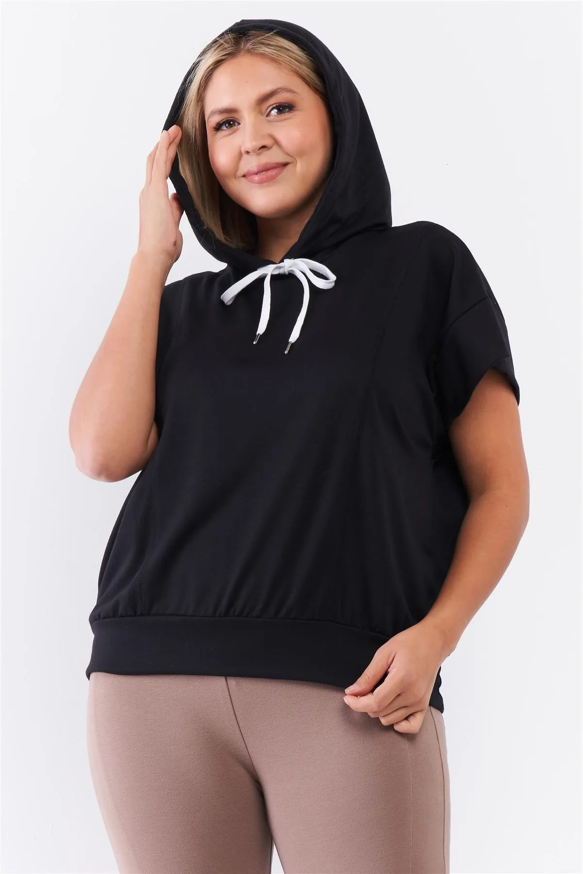 NicholesGifts Plus Size Women Black Short Wing Sleeve Relaxed Fit White Draw String Tie Hood Detail Top