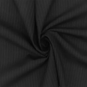 Pure Black-White Stripe-Wool Cotton Woven Shirting Fabric