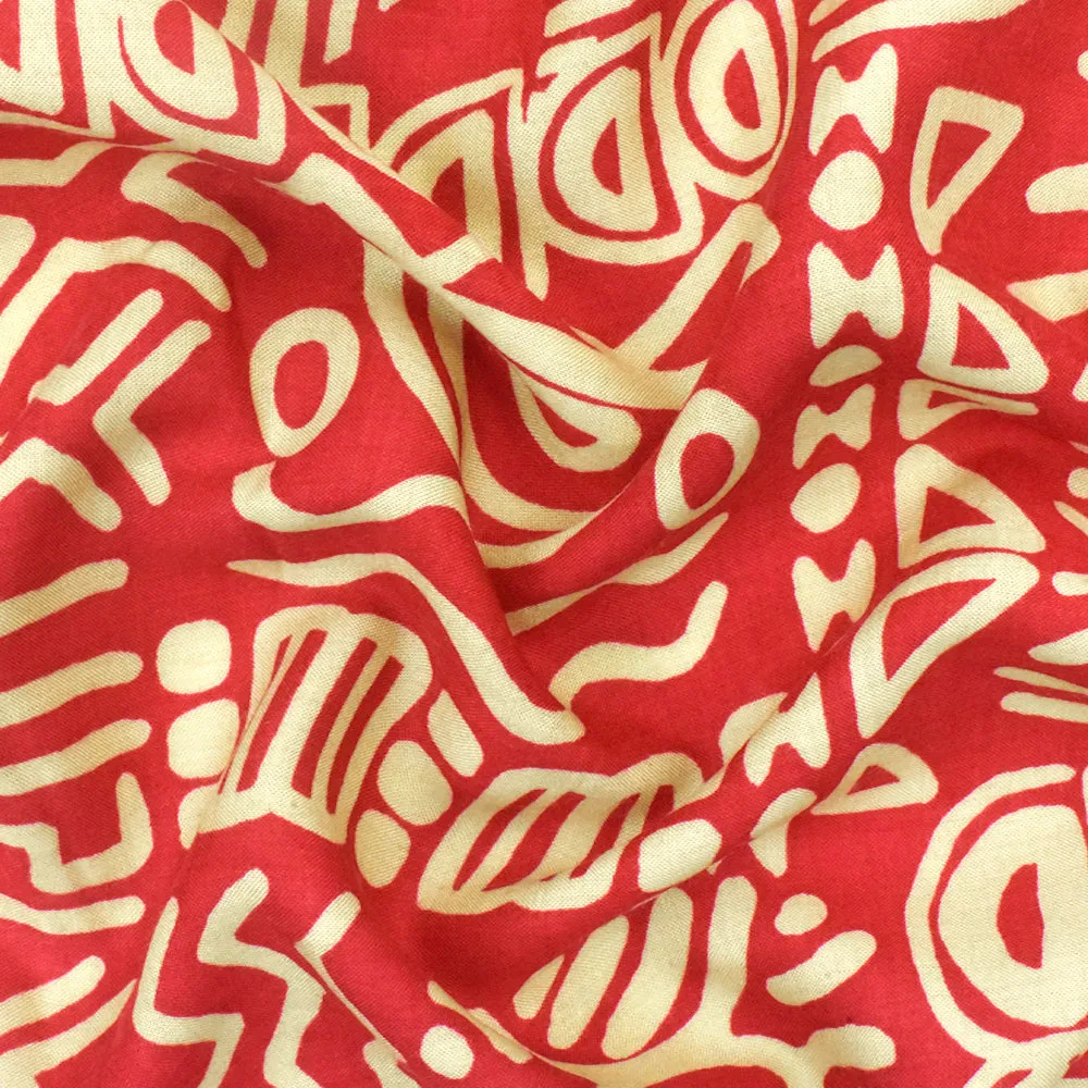 Red-Beige Tribal Symbols Printed Challis Woven Fabric