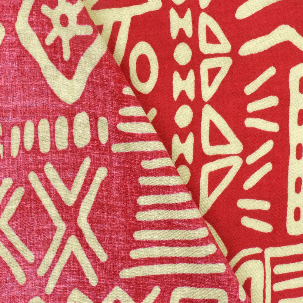 Red-Beige Tribal Symbols Printed Challis Woven Fabric