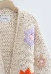 Stitch Flowers Hand-Knit Chunky Cardigan in Cream