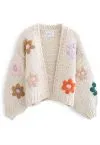 Stitch Flowers Hand-Knit Chunky Cardigan in Cream