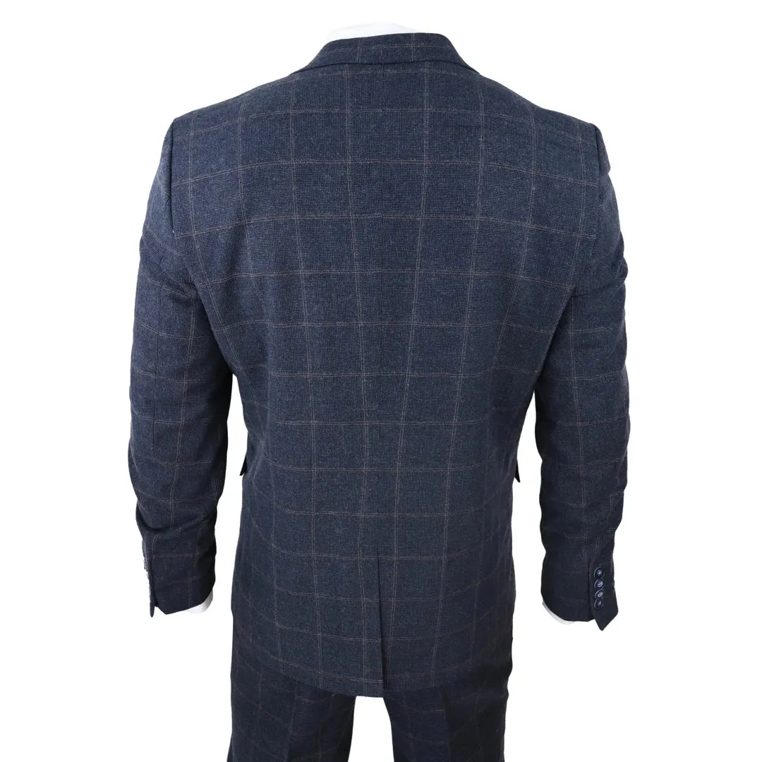 STZ72 - Men's 3 Piece Suit Wool Tweed Navy Blue Brown Check 1920s Gatsby Formal Dress Suits