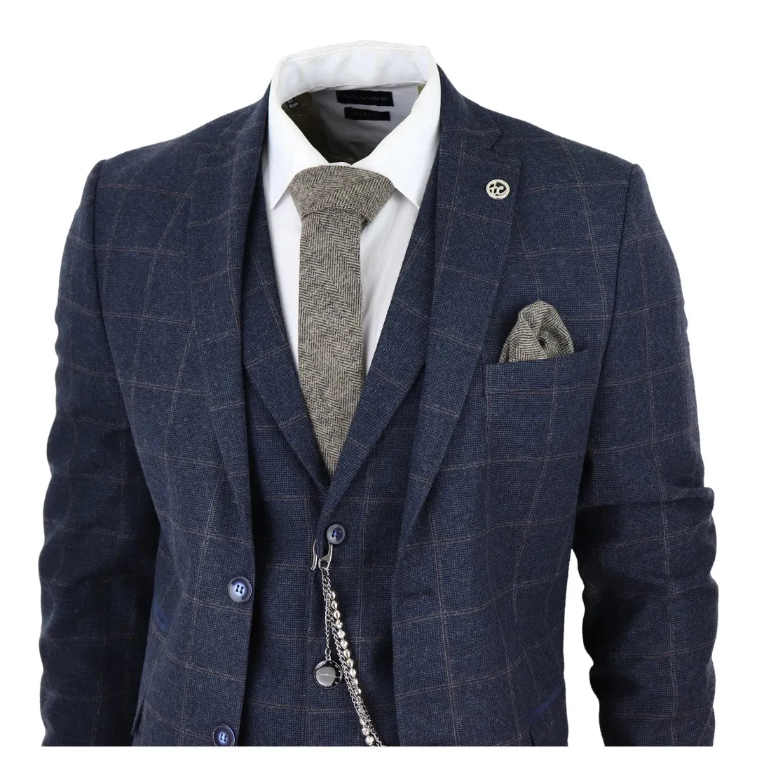 STZ72 - Men's 3 Piece Suit Wool Tweed Navy Blue Brown Check 1920s Gatsby Formal Dress Suits