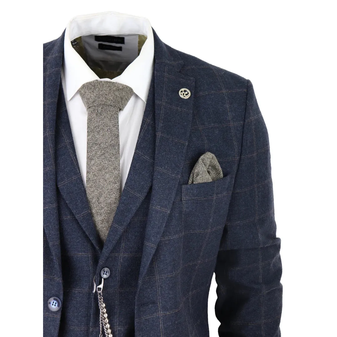 STZ72 - Men's 3 Piece Suit Wool Tweed Navy Blue Brown Check 1920s Gatsby Formal Dress Suits