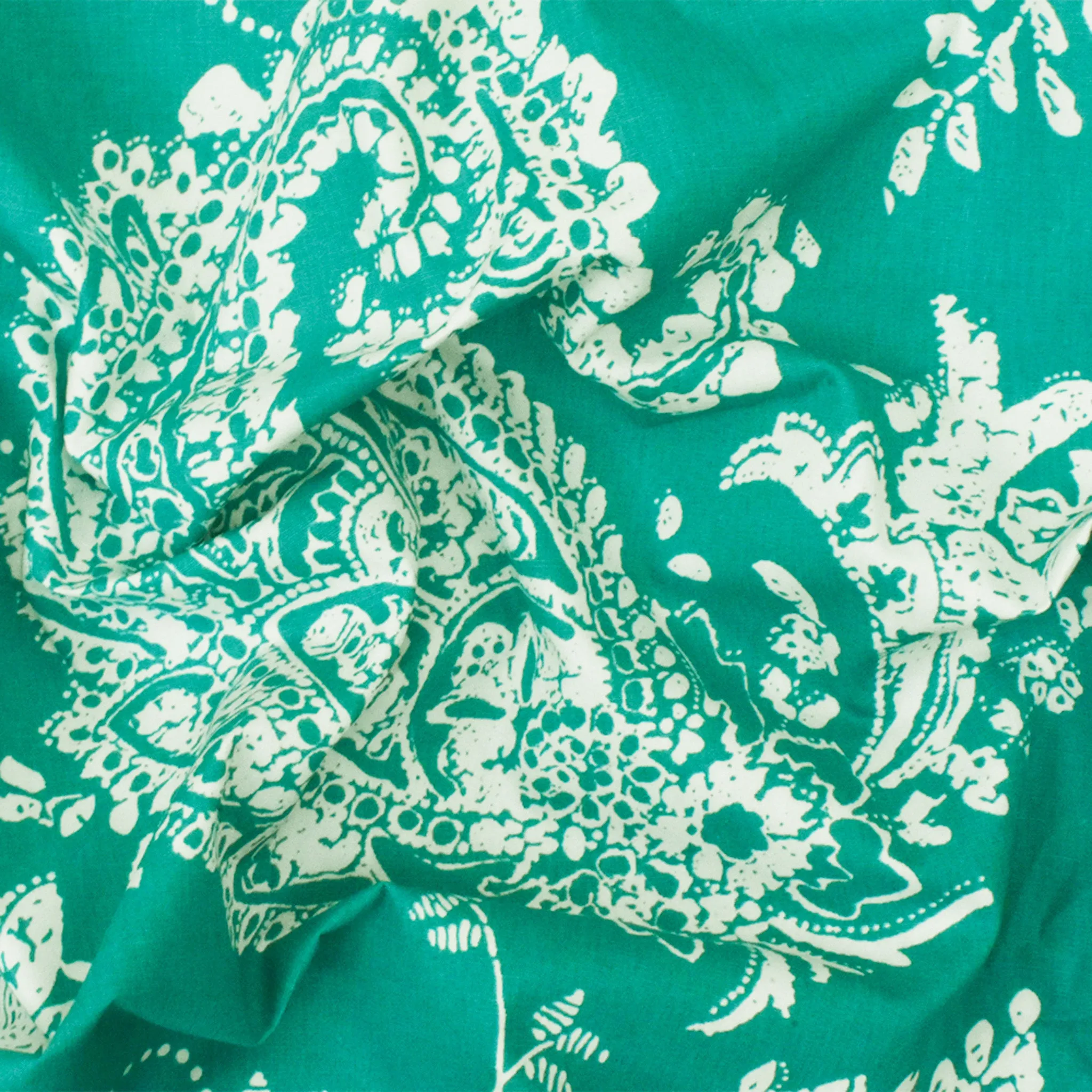 Teal-White Paisley Floral Printed Cotton Poplin Woven Fabric