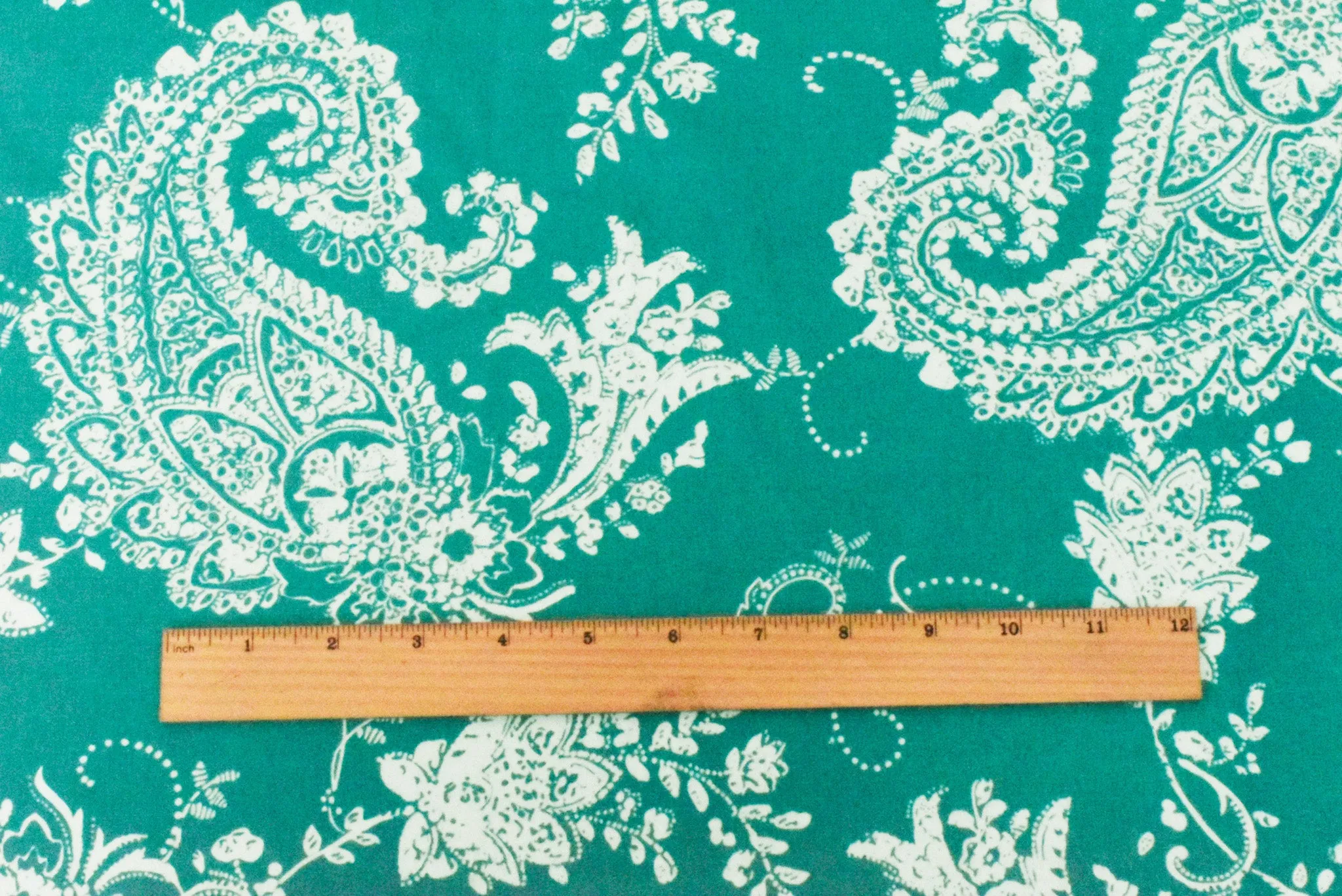 Teal-White Paisley Floral Printed Cotton Poplin Woven Fabric