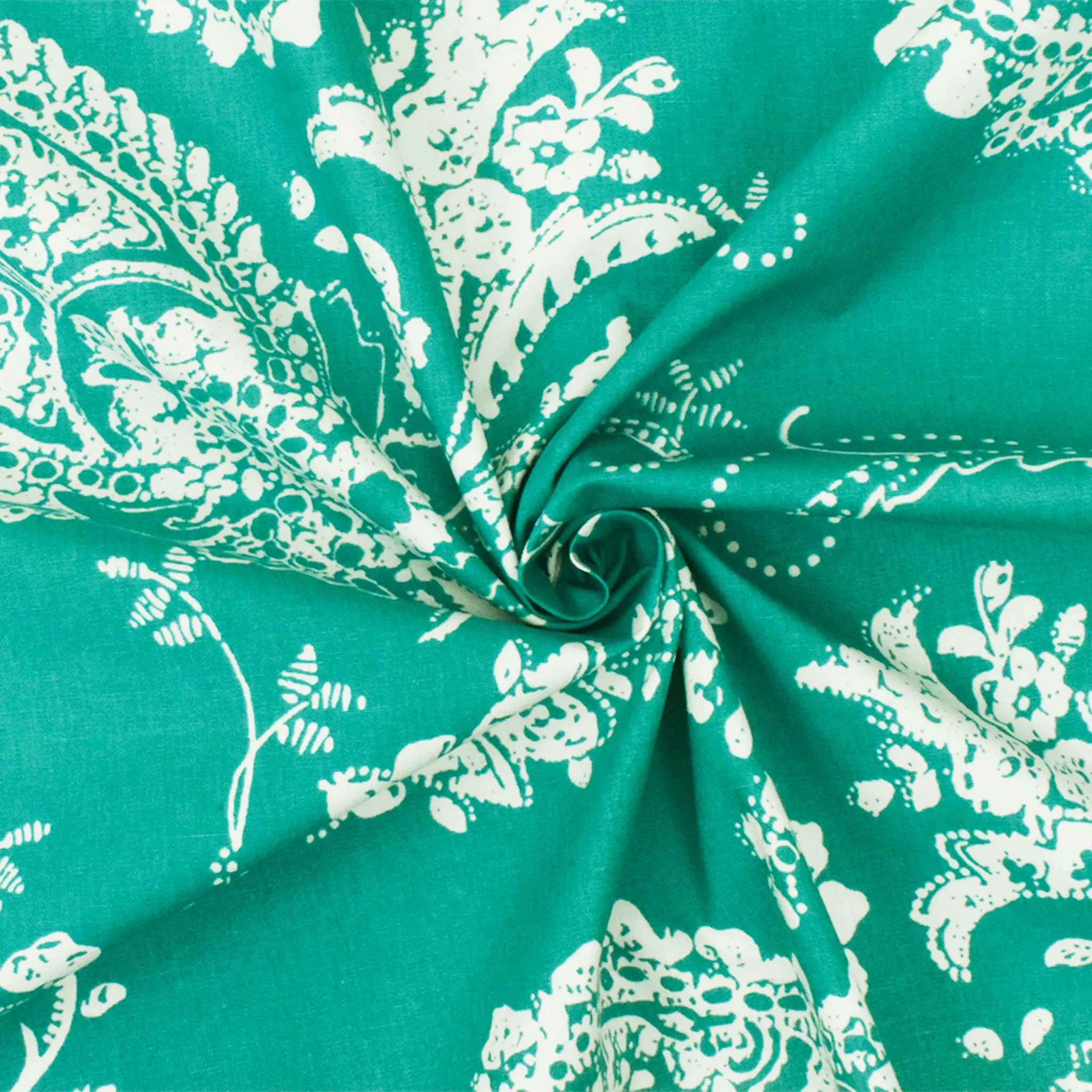 Teal-White Paisley Floral Printed Cotton Poplin Woven Fabric