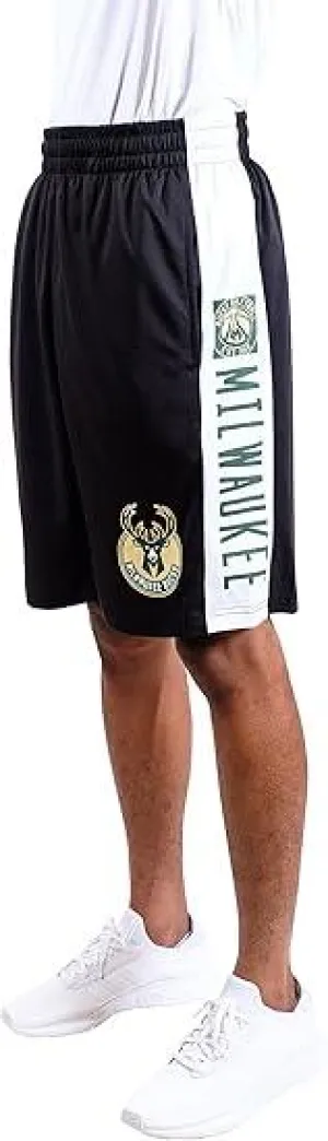 Ultra Game NBA Official Men’s Super Soft Active Workout Basketball Training Shorts - Unisex, Milwaukee Bucks, Black|Milwaukee Bucks