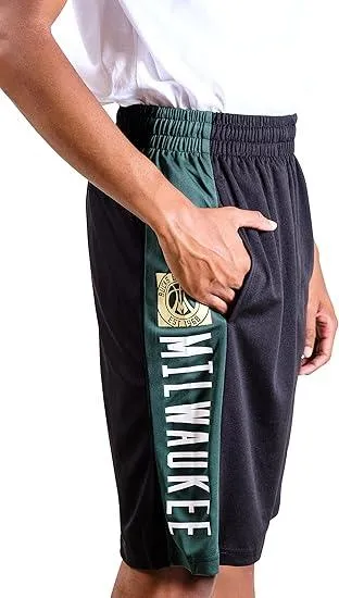 Ultra Game NBA Official Men’s Super Soft Active Workout Basketball Training Shorts - Unisex, Milwaukee Bucks, Black|Milwaukee Bucks