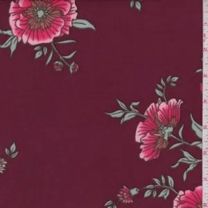 Wine/Raspberry Cosmo Floral Double Brushed Jersey Knit Fabric