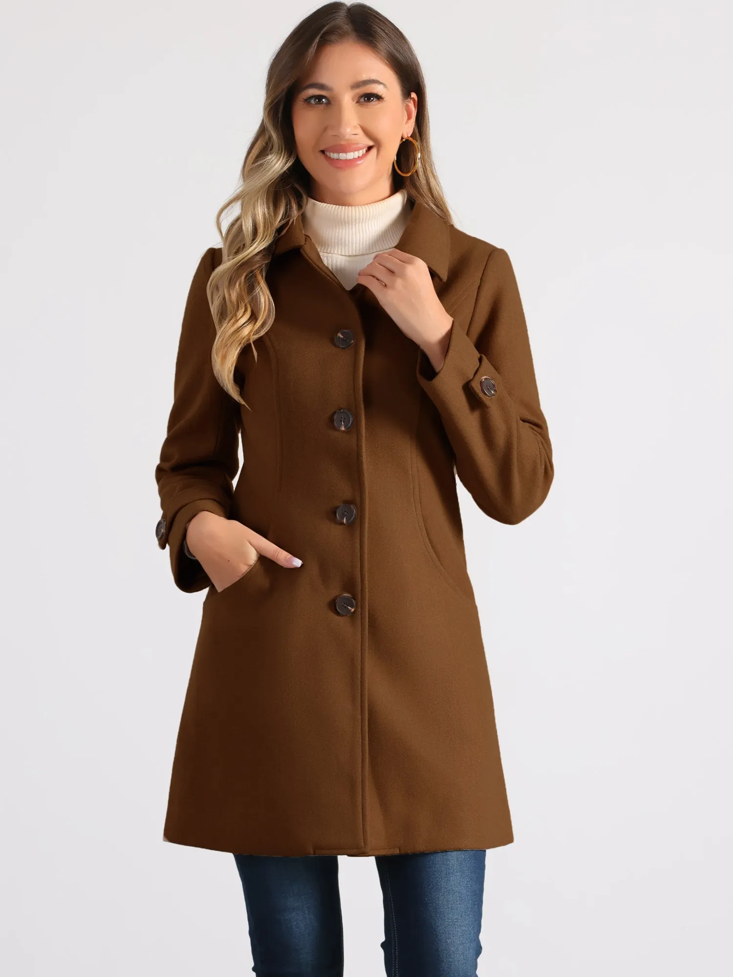 Winter Peter Pan Collar Mid-thigh A-line Single Breasted Pea Coat