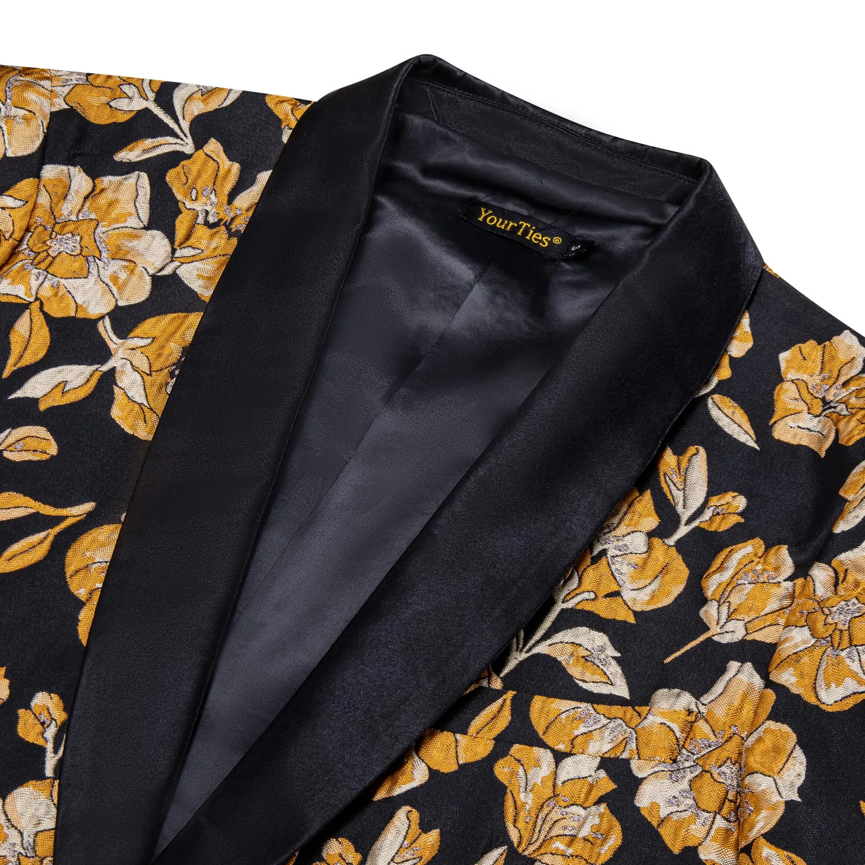 YourTies Black Orange Floral Silk Shawl Collar Slim Fit Suit for Men